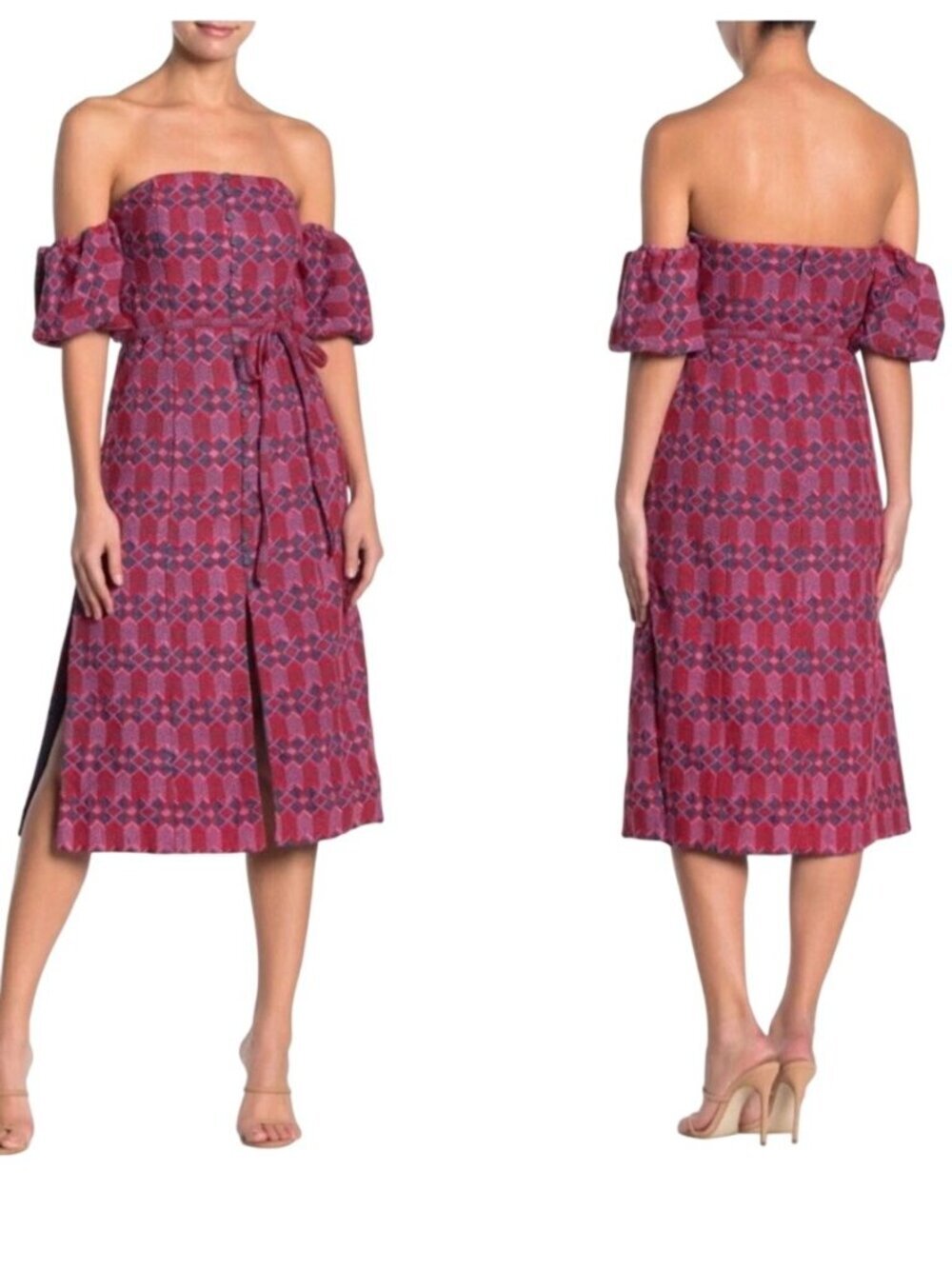 Tularosa Lori Embroidered Button Up Slit Dress Brocade Off Shoulder Size S